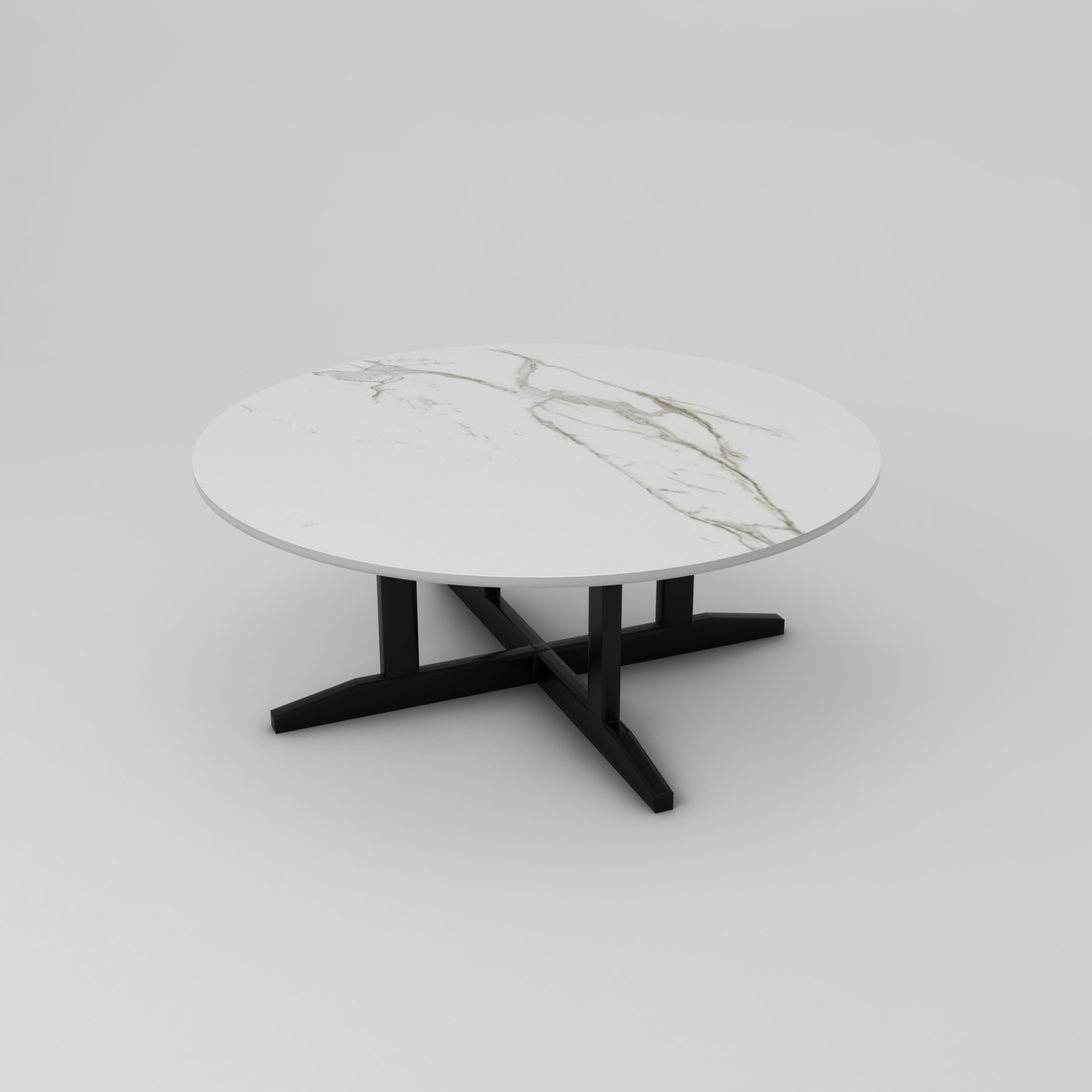 Stolik kawowy do salonu, okrągły, wykonany ze spieku kwarcowego, z podstawą w kolorze czarnym.